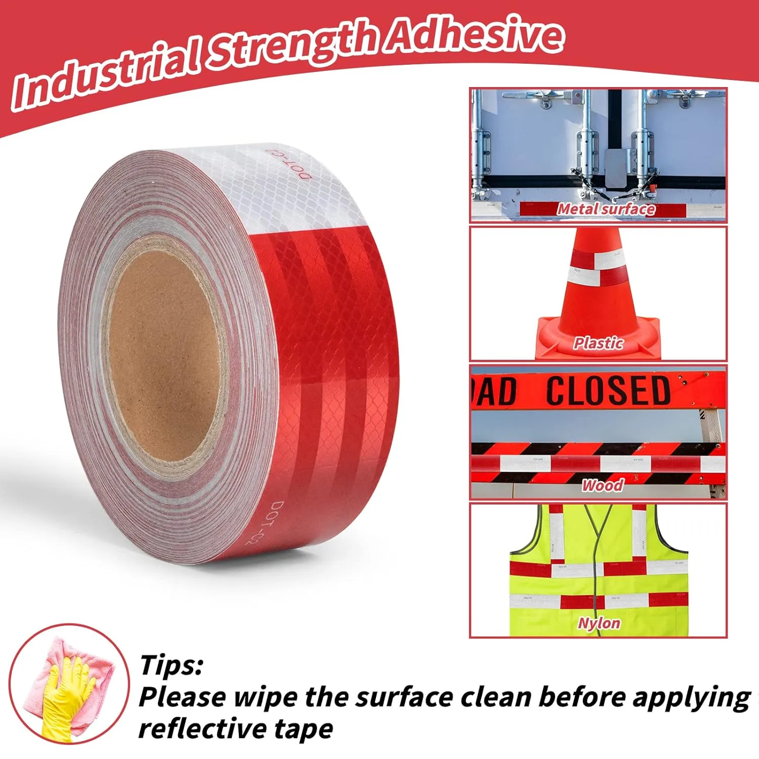 DOT-C2 Reflective Tape 2 in X 600 FT, Dot Safety Warning Tapes Bulk, Red White Waterproof Self Adhesive Trailer Outdoor Caution Reflector Conspuicy Tape for Vehicles Boat Sign 6 Roll(2'' X 100FT)
