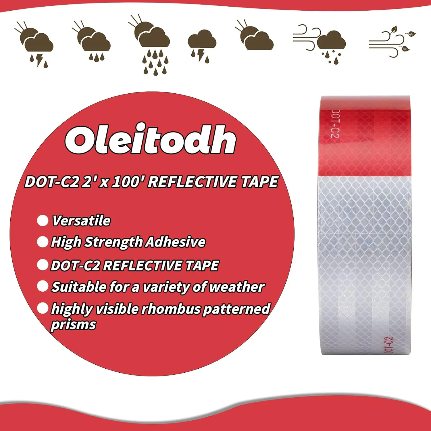 DOT-C2 Reflective Tape 2 in X 600 FT, Dot Safety Warning Tapes Bulk, Red White Waterproof Self Adhesive Trailer Outdoor Caution Reflector Conspuicy Tape for Vehicles Boat Sign 6 Roll(2'' X 100FT)