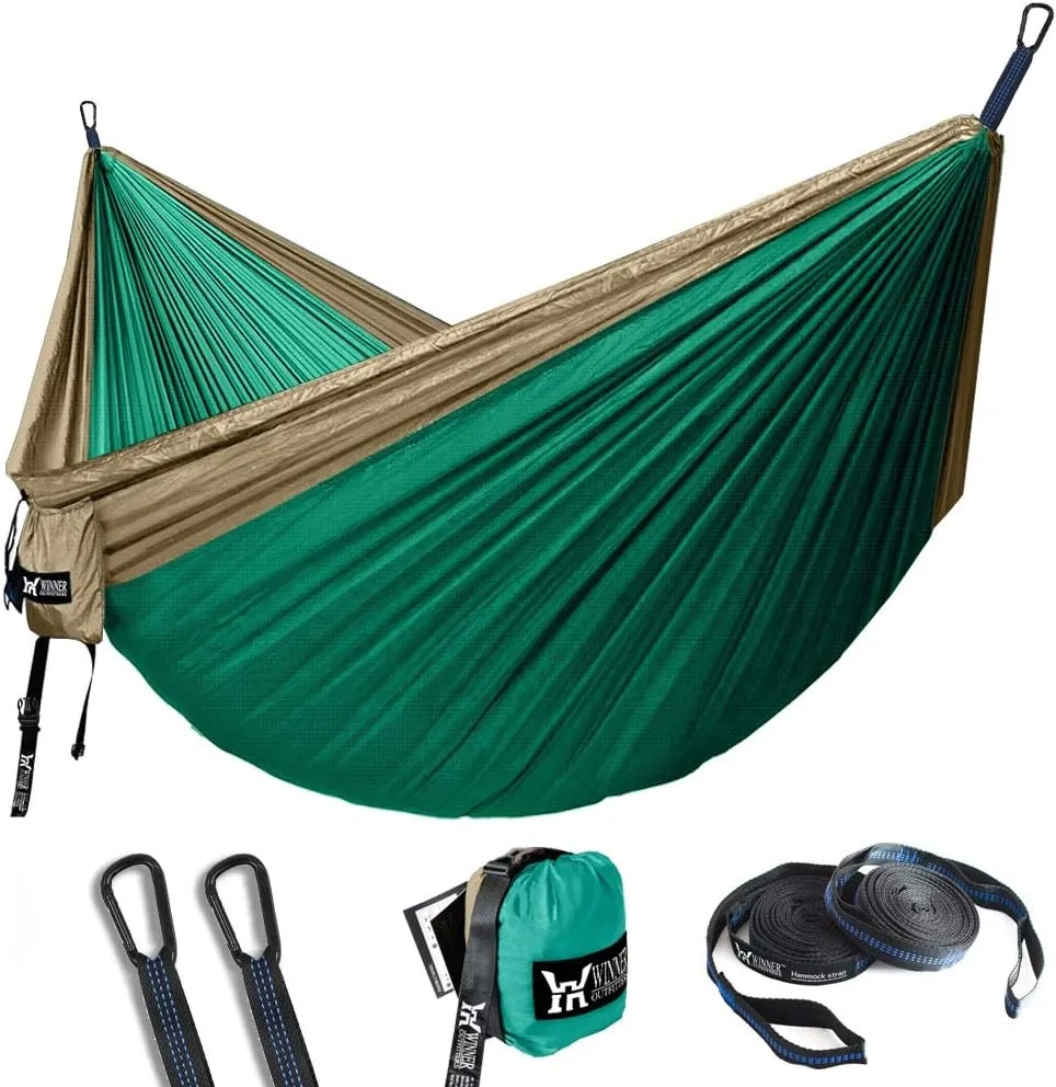 Double Camping Hammock - Lightweight Nylon Portable Hammock, Best Parachute Double Hammock for Backpacking, Camping, Travel, Beach, Yard. 118"(L) x 78"(W) Khaki/Olive