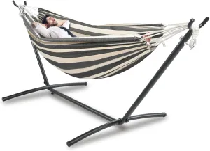 Double Hammock Comfortable with Stand for Hanging Sturdy 440lbs Capacity Hammock for Camping Outside Garden Outdoor Indoor Patio Backyard, Black and White