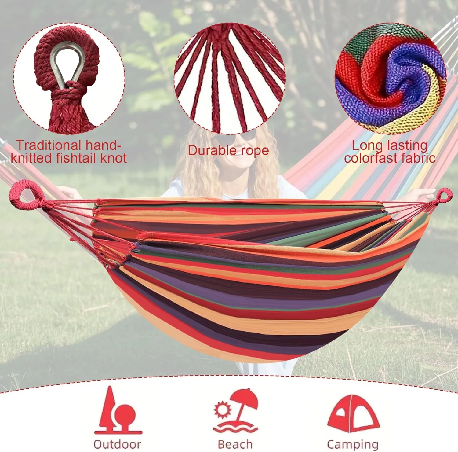 Double Hammock Comfortable with Stand for Hanging Sturdy 440lbs Capacity Hammock for Camping Outside Garden Outdoor Indoor Patio Backyard, Rainbow