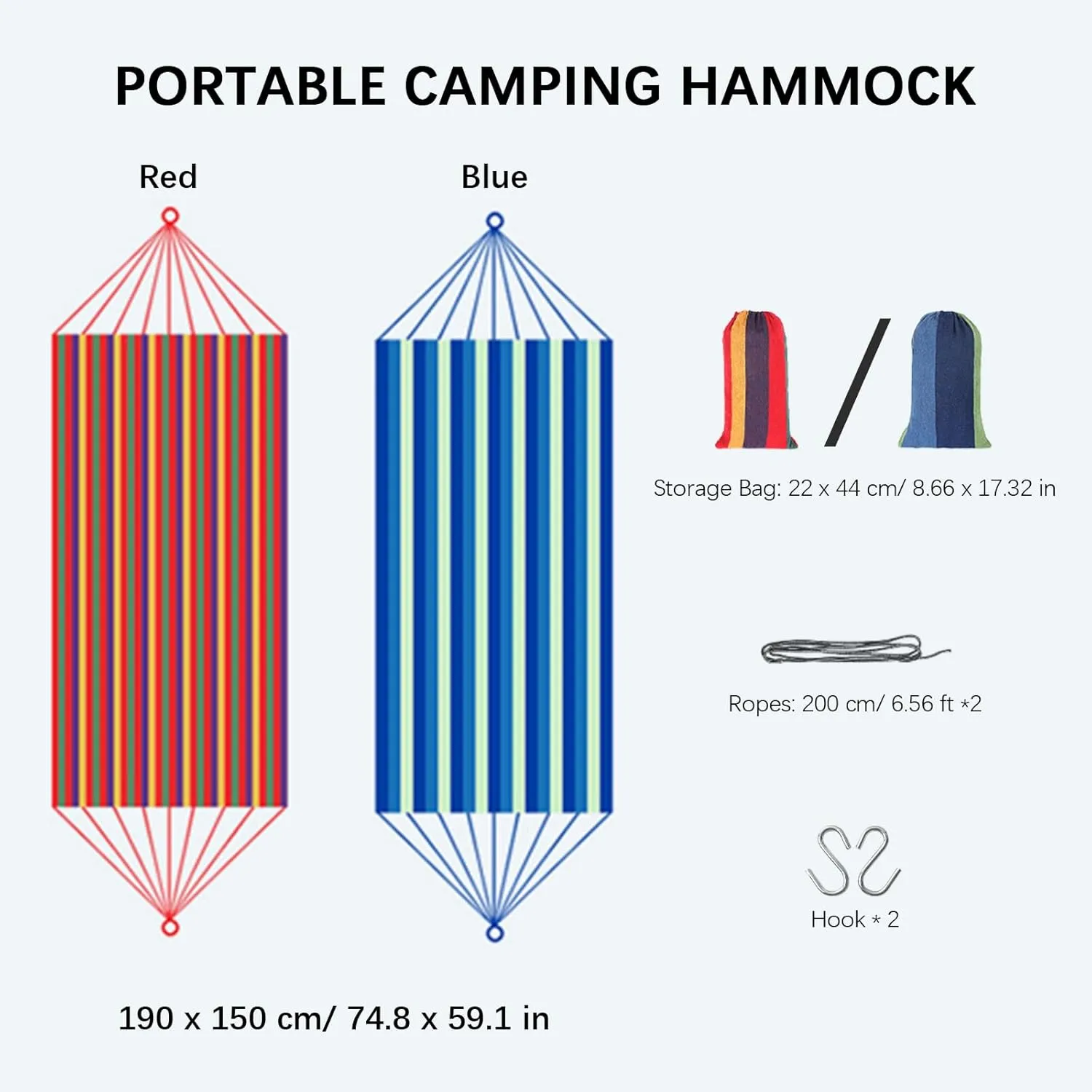 Double Hammock Portable Camping Tree Hammock Outdoor Comfortable Fabric with a Carry Bag, Two Ropes and Hooks 661 Lbs Capacity for Indoor/Outdoor, Camping, Patio, Backyard (Blue)