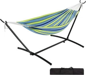 Double Hammock with Space Saving Steel Stand Included-2 Person Camping Hammock with Carry Bag, Outdoor Portable Hammocks, 450lb Capacity Standing Hammocks for Garden Yard(Blue and Green)