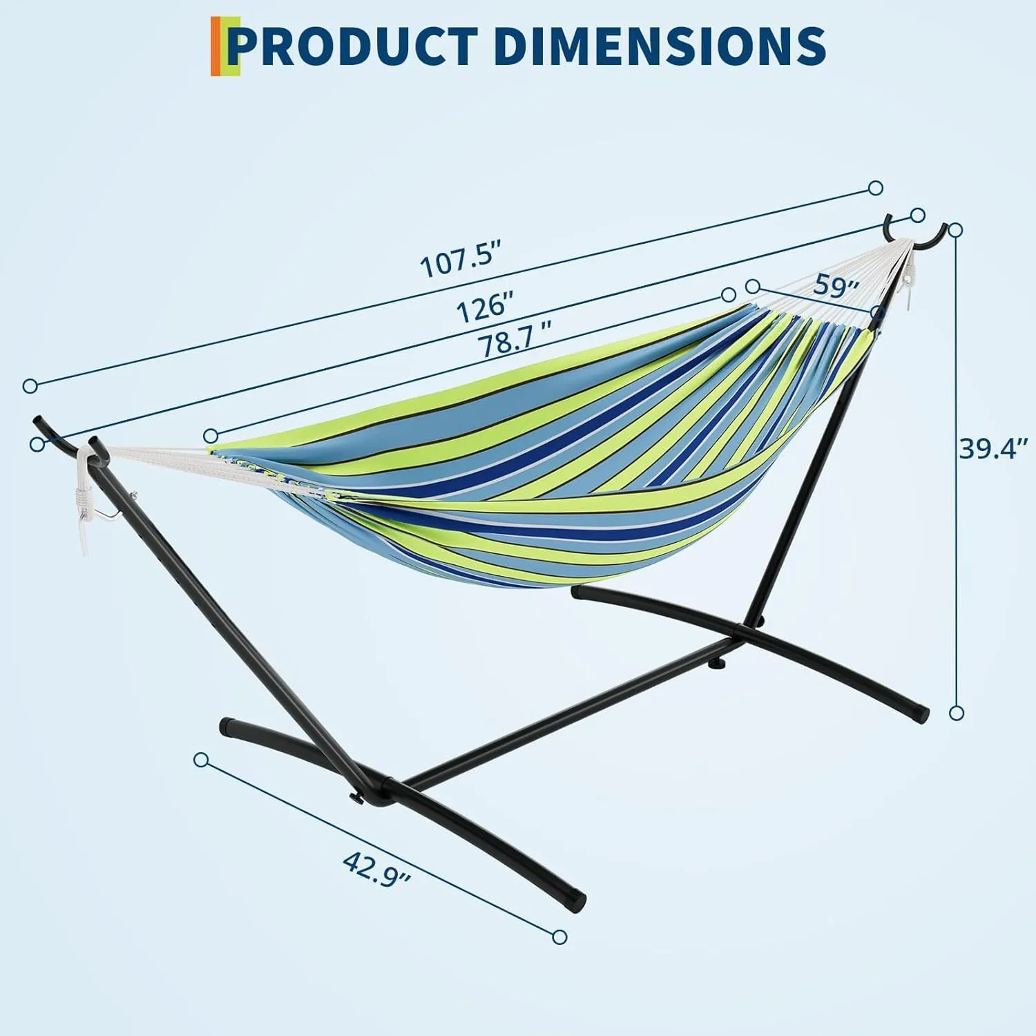 Double Hammock with Space Saving Steel Stand Included-2 Person Camping Hammock with Carry Bag, Outdoor Portable Hammocks, 450lb Capacity Standing Hammocks for Garden Yard(Blue and Green)