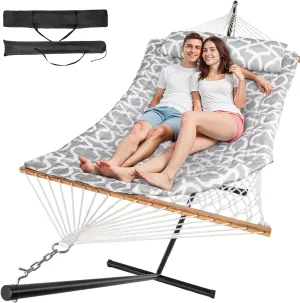 Double Hammock with Stand, 2 Person Cotton Rope Hammock with Removable Polyester Pad, 500LBS Capacity, Portable & Adjustable Design, Includes Storage Bag, Indoor Outdoor Use,White-Gray
