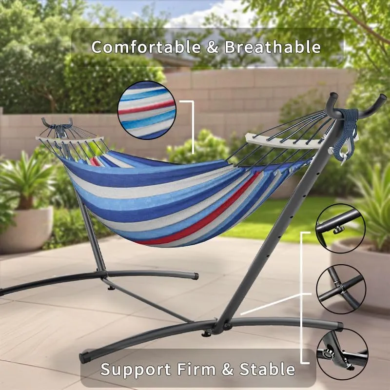 Double Hammock with Stand, 2 Person Hammock with Carrying Bag,Heavy Duty Portable,500 lb Capacity, Perfect for Both Indoors and Outdoors,Fine Blue