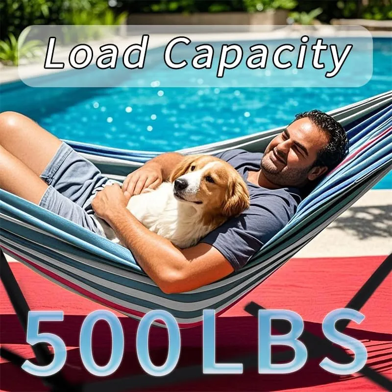 Double Hammock with Stand, 2 Person Hammock with Carrying Bag,Heavy Duty Portable,500 lb Capacity, Perfect for Both Indoors and Outdoors,Fine Blue