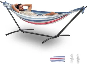 Double Hammock with Stand, 2 Person Hammock with Carrying Bag,Heavy Duty Portable,500 lb Capacity, Perfect for Both Indoors and Outdoors,Fine Blue