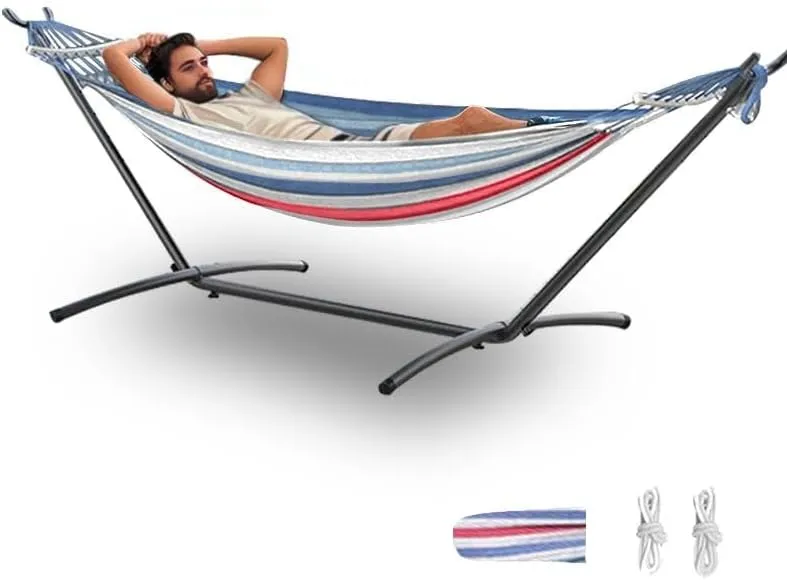 Double Hammock with Stand, 2 Person Hammock with Carrying Bag,Heavy Duty Portable,500 lb Capacity, Perfect for Both Indoors and Outdoors,Fine Blue