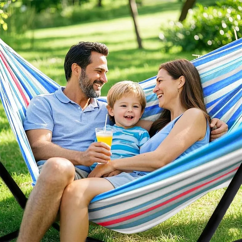 Double Hammock with Stand, 2 Person Hammock with Carrying Bag,Heavy Duty Portable,500 lb Capacity, Perfect for Both Indoors and Outdoors,Fine Blue