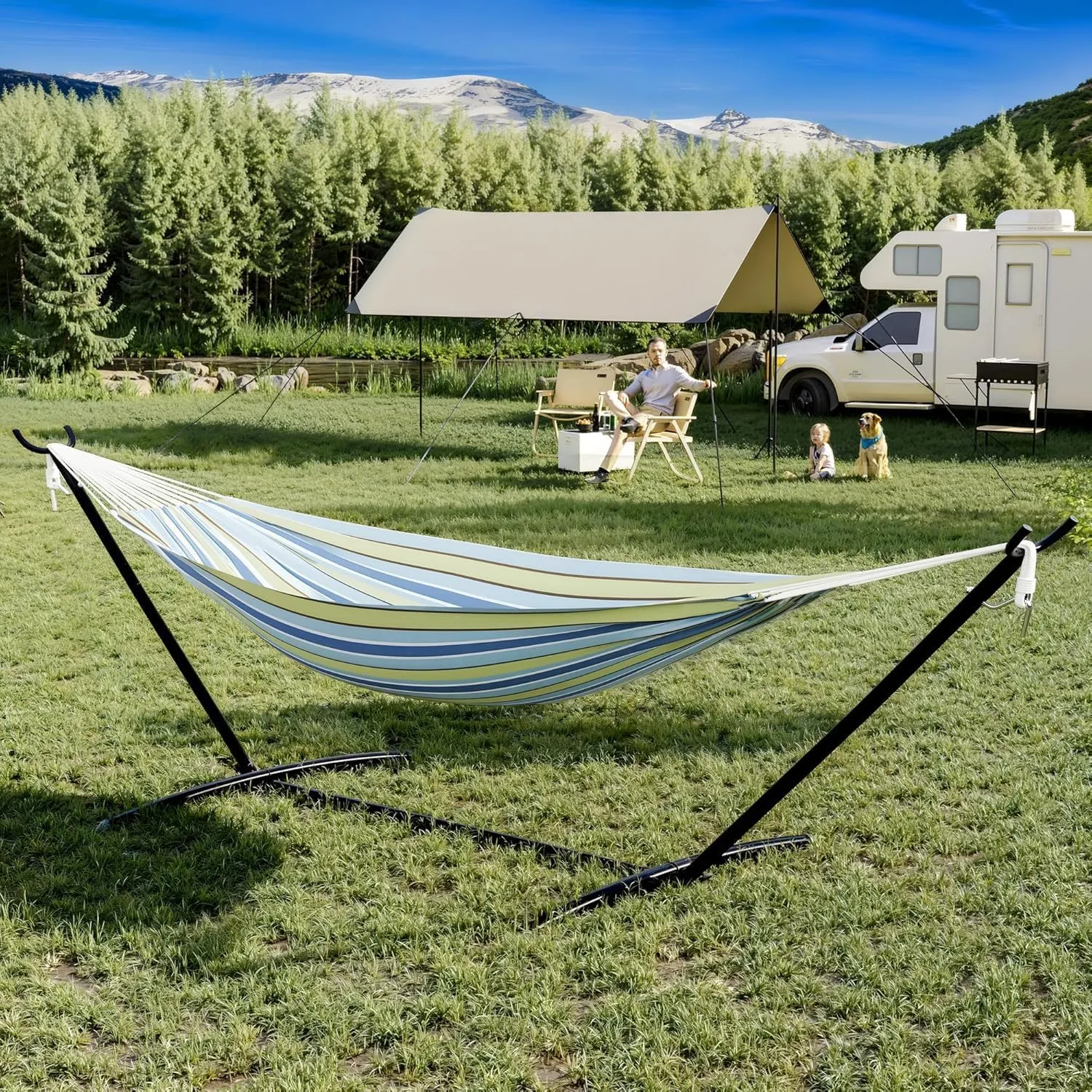Double Hammock with Stand & Carrying Bag,450 Lb Capacity, Outdoor Portable Hammock Standing Hammock for Outdoor Garden Patio, Easy Assembly