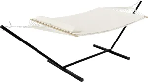 Double Hammock with Stand for Outdoor & Indoor Use - Heavys Duty 475 Lbs Capacity Two Person Cotton Rope Hammock with Reversible Quilted Pad & Hardwood Spreader Bars - Portable, Easy Assembly, Beige