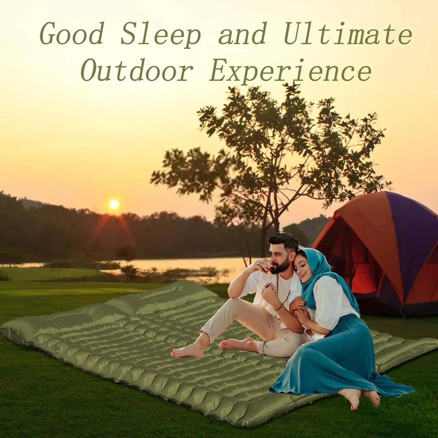 Double Self Inflating Sleeping Camping Mattress Pad for 2 People with Built-in Foot Pump for Tent,Backpacking Hiking, Traveling, Portable Camping Mat…