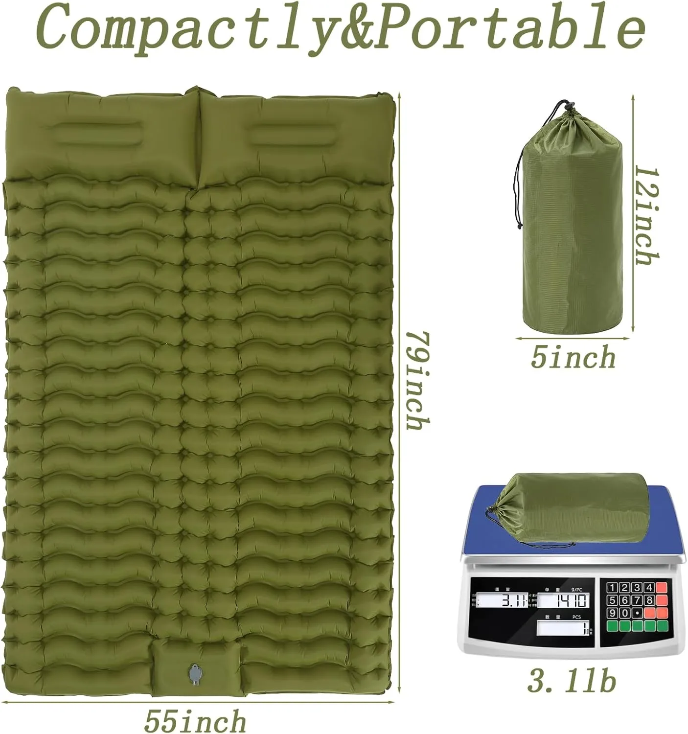 Double Self Inflating Sleeping Camping Mattress Pad for 2 People with Built-in Foot Pump for Tent,Backpacking Hiking, Traveling, Portable Camping Mat…