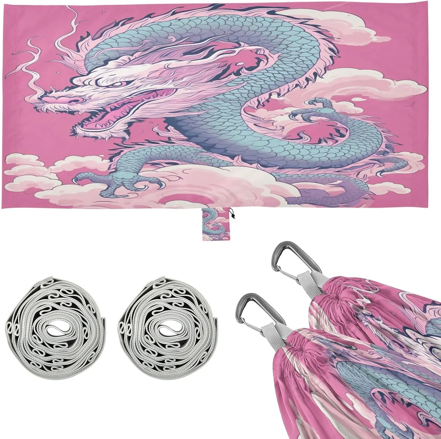 Dragon Print Pink Camping Hammock, 330 lbs with 2 Tree Straps, Carry Bag, Single Portable Hammock for Outdoor/Indoor, Hiking, Beach, Backpacking, Travel