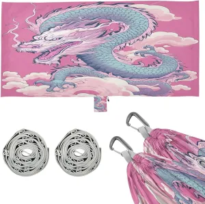 Dragon Print Pink Camping Hammock, 330 lbs with 2 Tree Straps, Carry Bag, Single Portable Hammock for Outdoor/Indoor, Hiking, Beach, Backpacking, Travel
