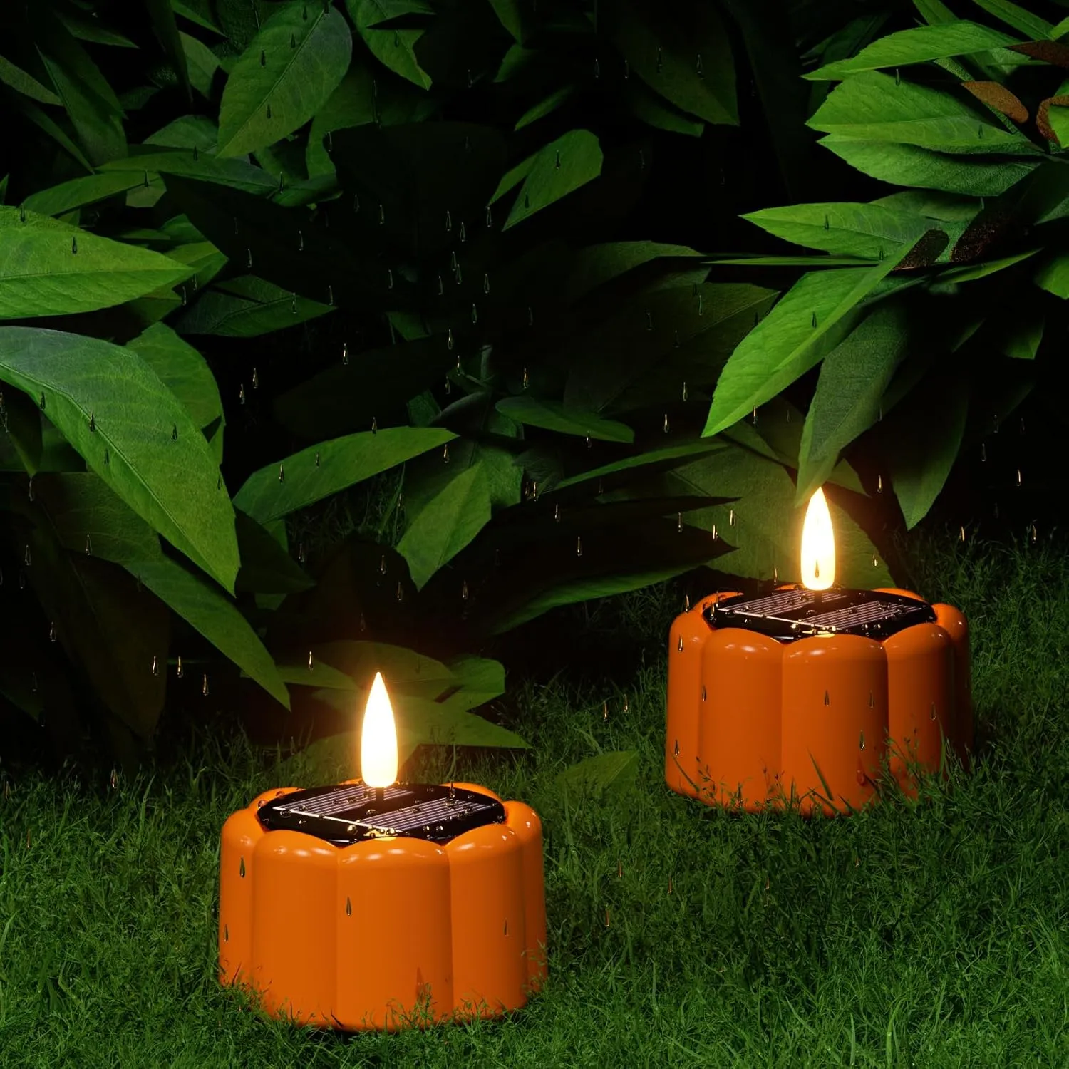 DRomance Flameless Votive Candles Solar Battery Operated Dusk to Dawn 3D Wick Flickering Outdoor Waterproof Spooky Pumpkin LED Tea Lights Candles Set of 6 Halloween Decor(2.5" D x 2.64" H)
