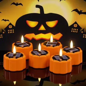 DRomance Flameless Votive Candles Solar Battery Operated Dusk to Dawn 3D Wick Flickering Outdoor Waterproof Spooky Pumpkin LED Tea Lights Candles Set of 6 Halloween Decor(2.5" D x 2.64" H)