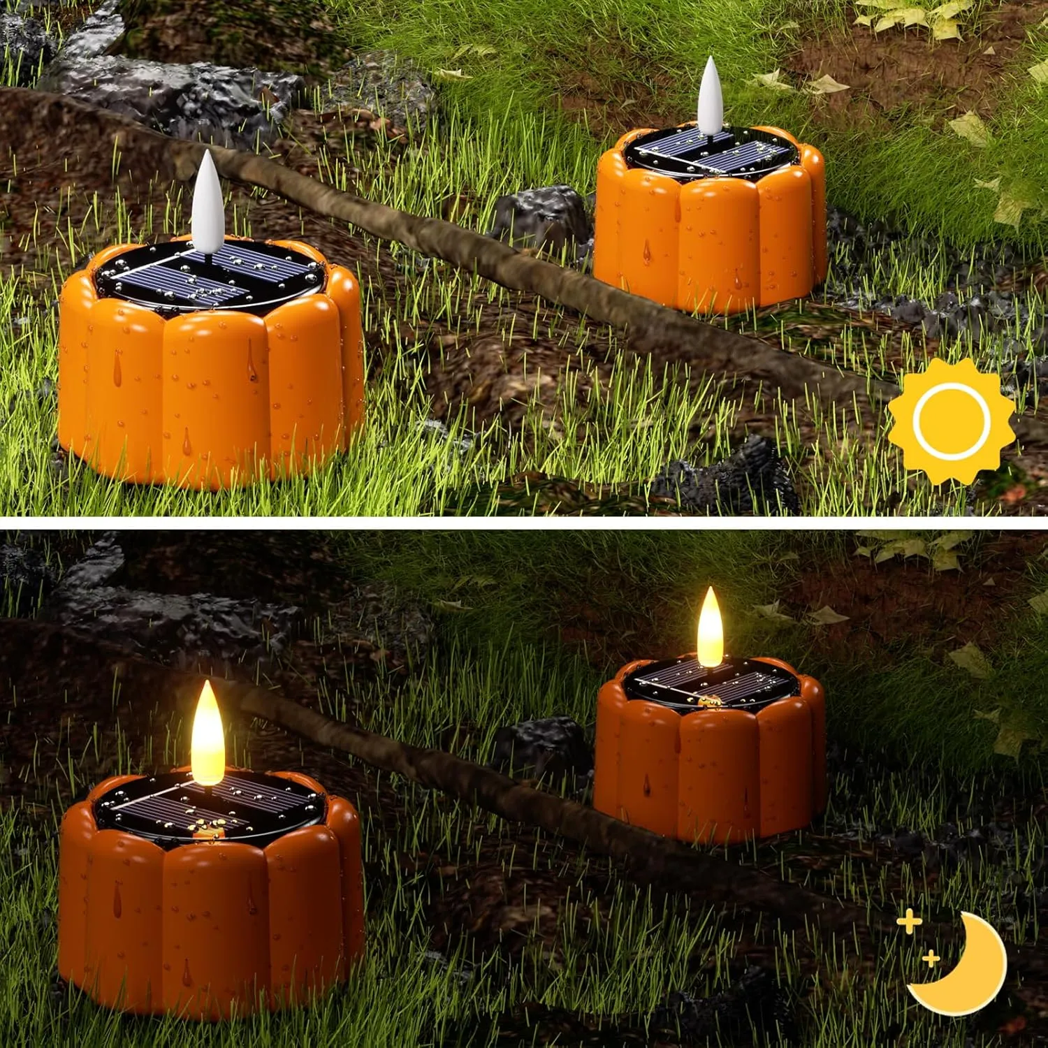 DRomance Flameless Votive Candles Solar Battery Operated Dusk to Dawn 3D Wick Flickering Outdoor Waterproof Spooky Pumpkin LED Tea Lights Candles Set of 6 Halloween Decor(2.5" D x 2.64" H)