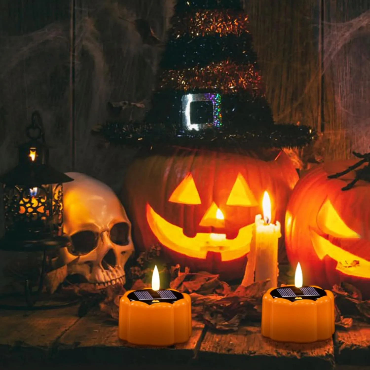 DRomance Flameless Votive Candles Solar Battery Operated Dusk to Dawn 3D Wick Flickering Outdoor Waterproof Spooky Pumpkin LED Tea Lights Candles Set of 6 Halloween Decor(2.5" D x 2.64" H)