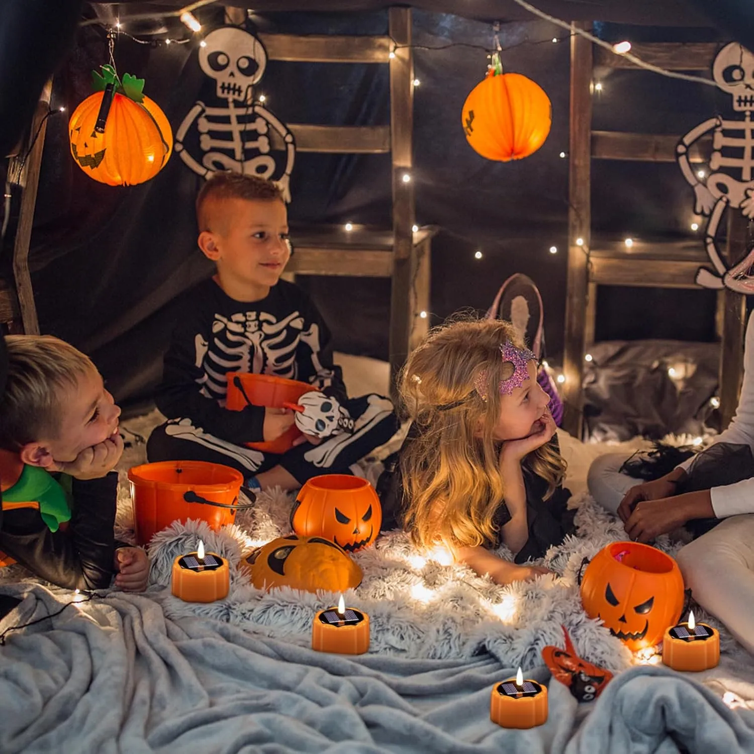 DRomance Flameless Votive Candles Solar Battery Operated Dusk to Dawn 3D Wick Flickering Outdoor Waterproof Spooky Pumpkin LED Tea Lights Candles Set of 6 Halloween Decor(2.5" D x 2.64" H)