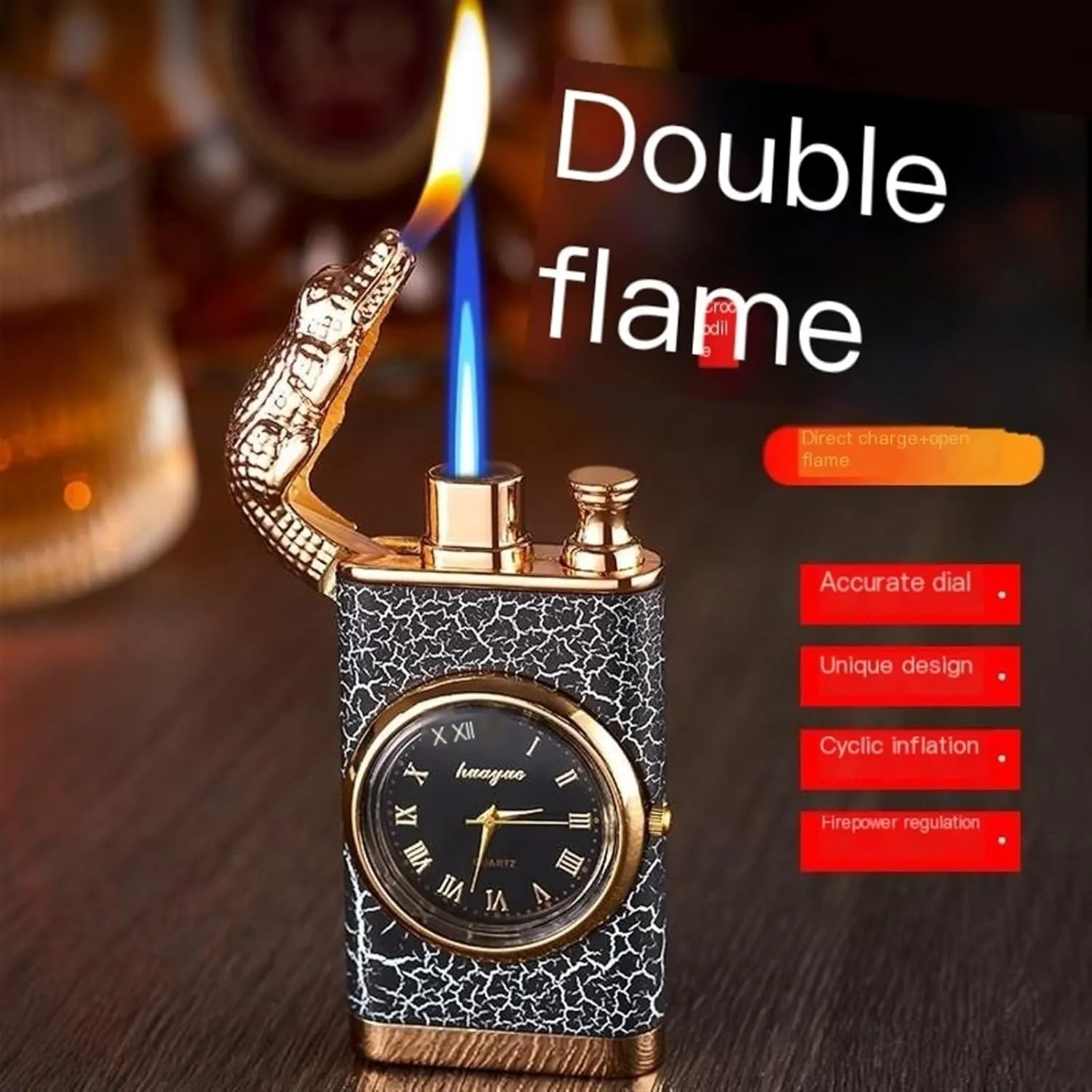 Dual Flame Butane Lighter, Creative Dial Inflatable Lighter 2 in 1 Windproof Portable Adjustable Refillable, Metal Lighter for BBQ, BBQ, Fireplace, Camping, Gifts (Color : D)