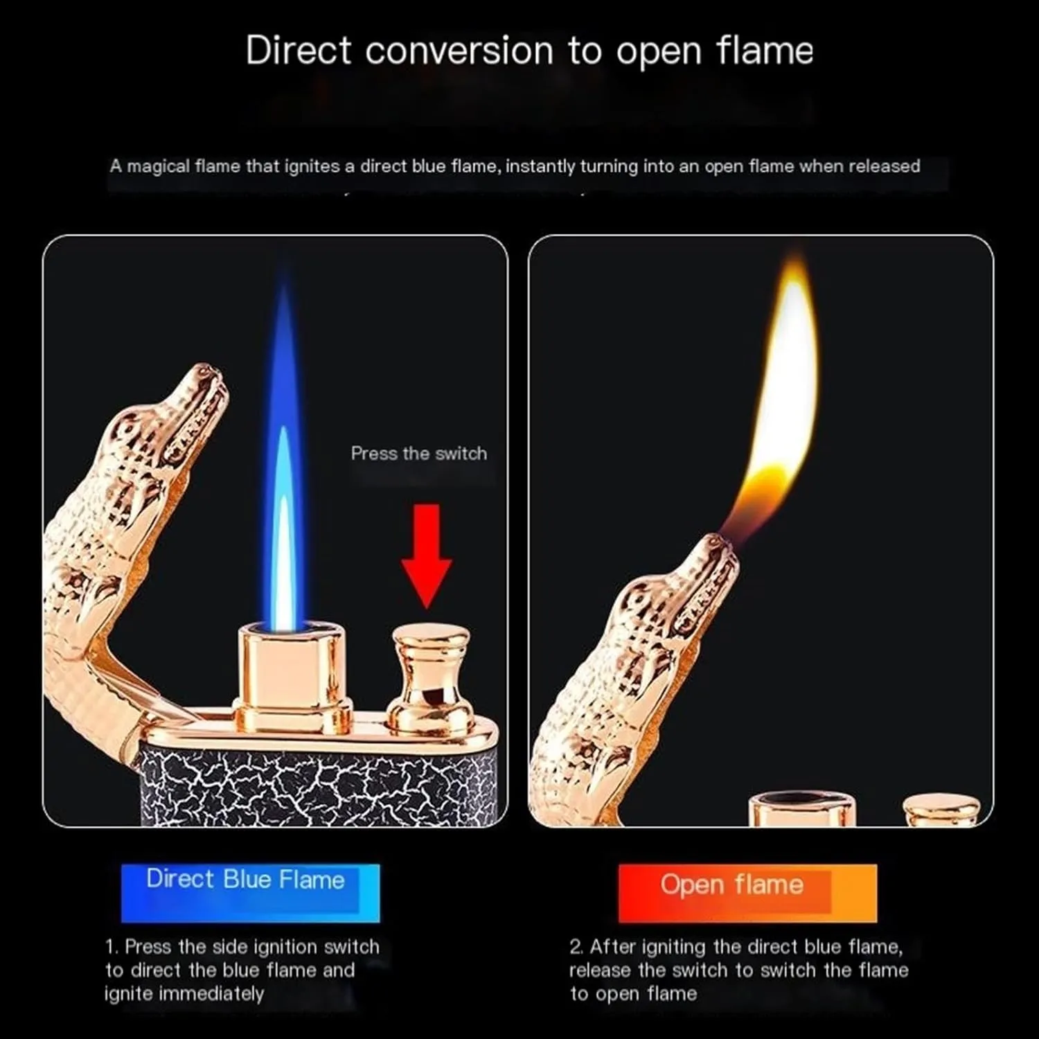 Dual Flame Butane Lighter, Creative Dial Inflatable Lighter 2 in 1 Windproof Portable Adjustable Refillable, Metal Lighter for BBQ, BBQ, Fireplace, Camping, Gifts (Color : D)