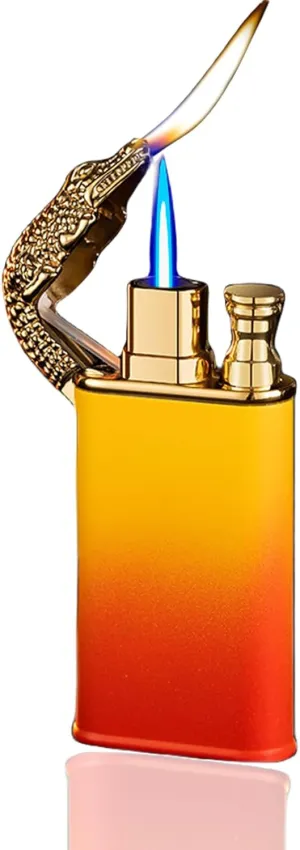 Dual Flame Lighter, Cool Crocodile Head Design, Dual Fire, Refillable, Windproof, Butane Lighter, Gift for Men (No Gas) (Orange)