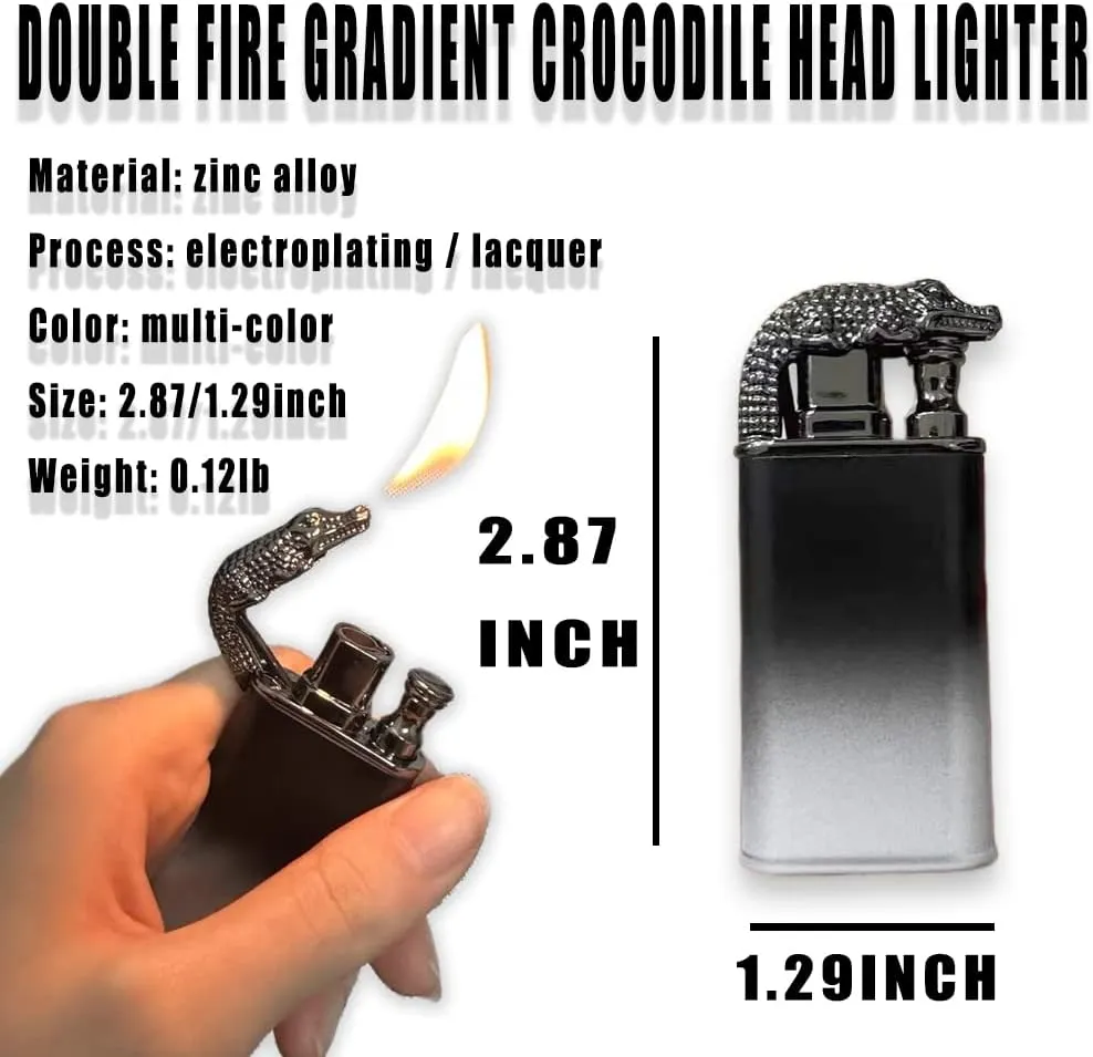Dual Flame Lighter, Cool Crocodile Head Design, Dual Fire, Refillable, Windproof, Butane Lighter, Gift for Men (No Gas) (Orange)
