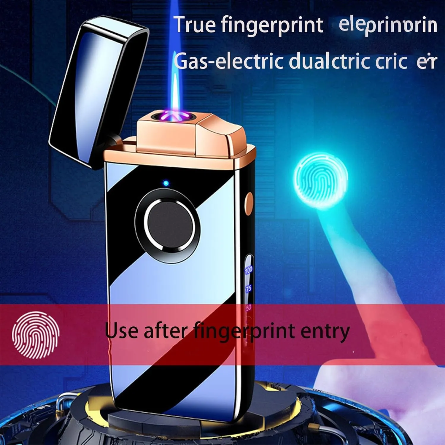 Dual Fuel Windproof Torch Lighter, Butane and Electric Hybrid Fingerprint Unlock Ignition high-end Supplies(Black)