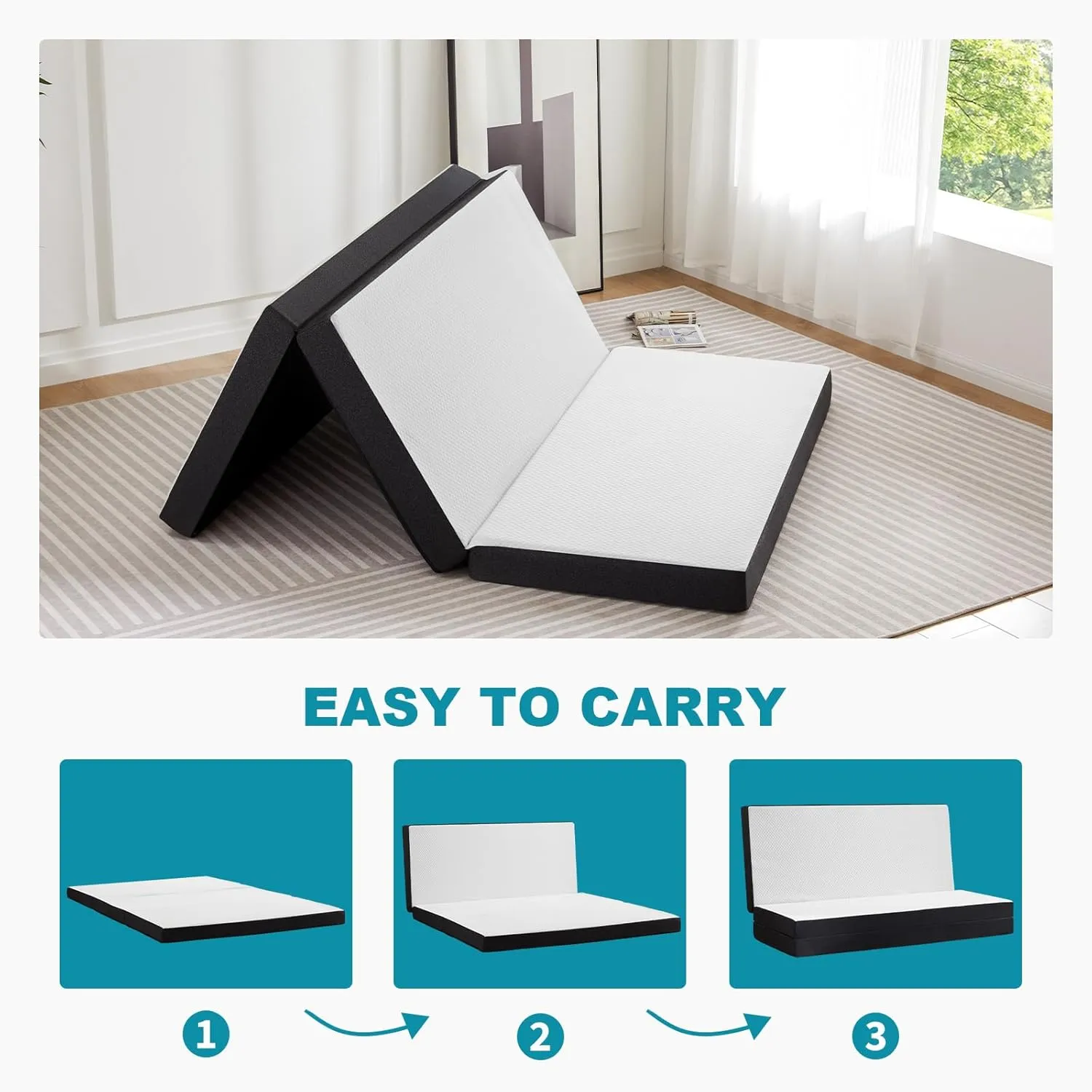 DUMOS Tri-Fold Camping Sleeping Pad, 4 inch Thick Portable Foam Mat for Outdoor Adventures, Hiking, Backpacking, and Tent Use– Lightweight, Waterproof, and Compact Foldable Mattress, 75"×54"×4", White