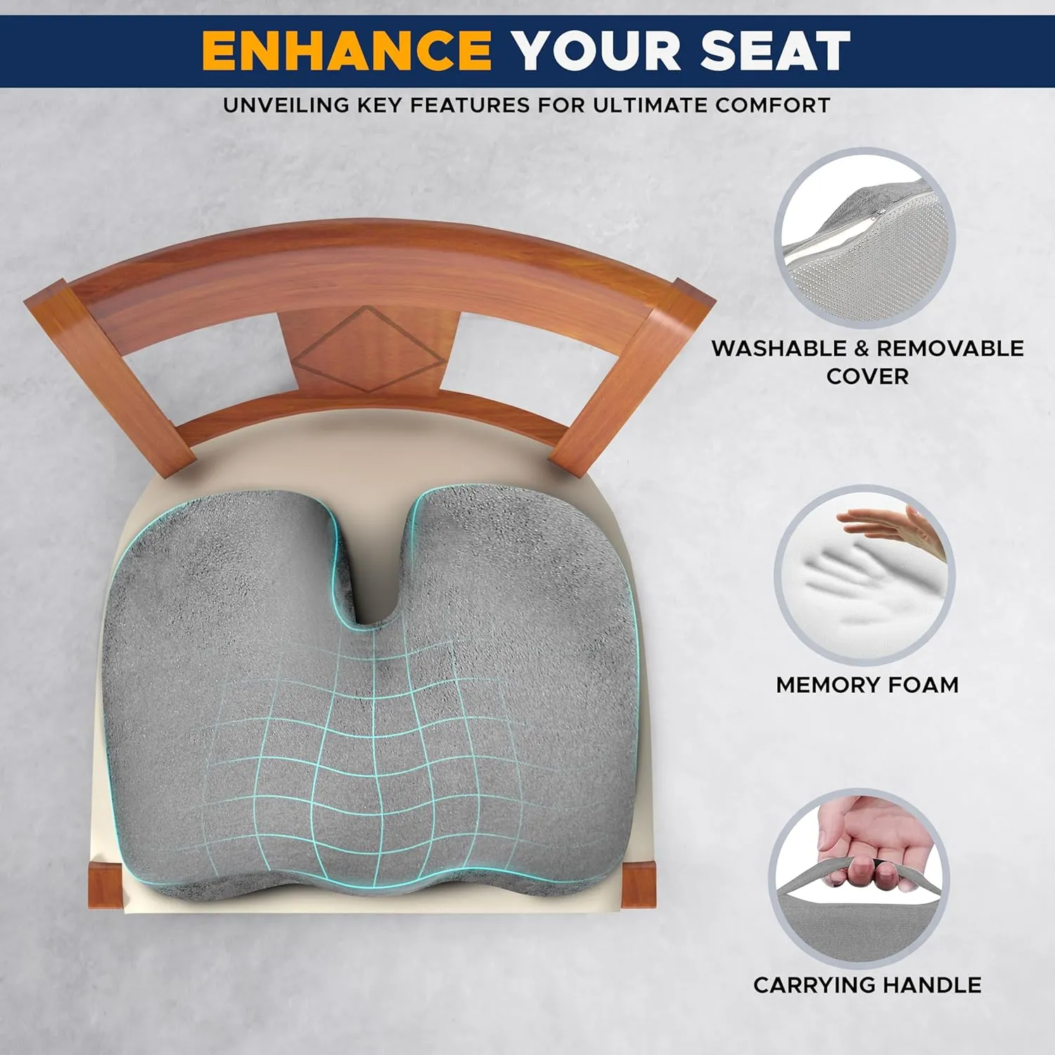 EcoNour Thick Gel Seat Cushion for Pressure Relief -Grey| Tailbone Pain Relief Cushion for Sciatica, Coccyx & Heavy People | Orthopedic Memory Foam Seat Cushion for Office, Desk Chair & Gaming Chair