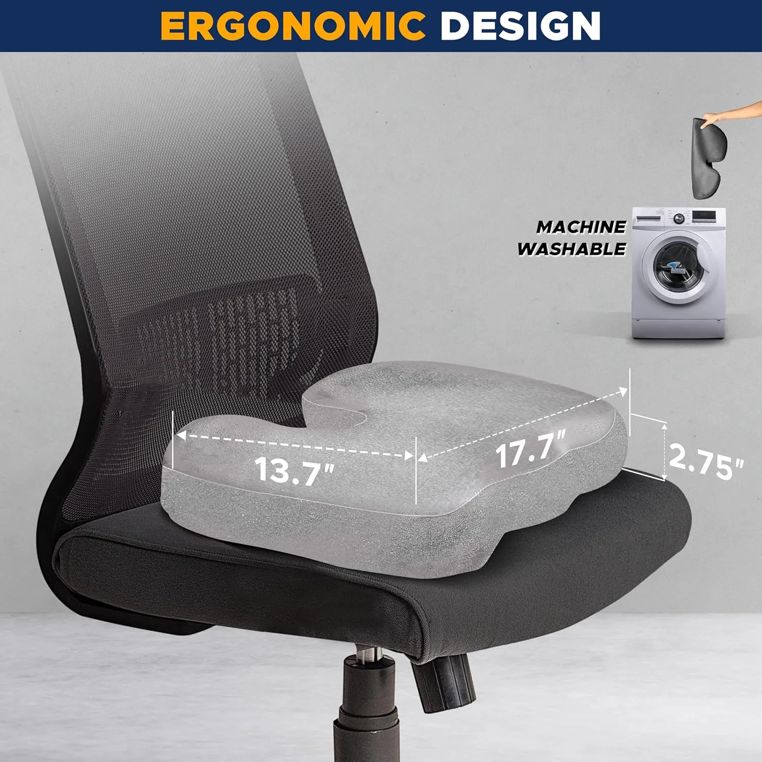 EcoNour Thick Gel Seat Cushion for Pressure Relief -Grey| Tailbone Pain Relief Cushion for Sciatica, Coccyx & Heavy People | Orthopedic Memory Foam Seat Cushion for Office, Desk Chair & Gaming Chair