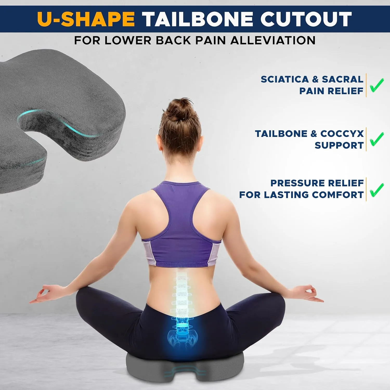 EcoNour Thick Gel Seat Cushion for Pressure Relief -Grey| Tailbone Pain Relief Cushion for Sciatica, Coccyx & Heavy People | Orthopedic Memory Foam Seat Cushion for Office, Desk Chair & Gaming Chair