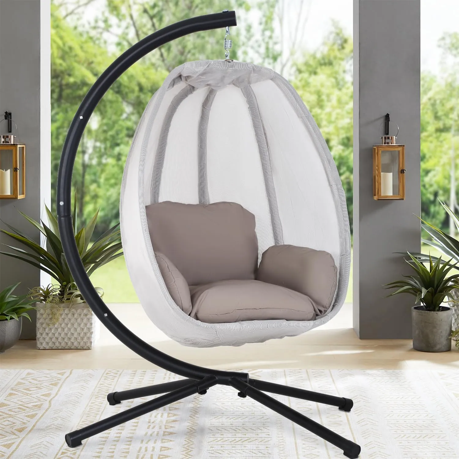 Egg Chair with Comfy Cushions Indoor Outdoor Hanging Chair Sturdy Heavy Duty Hammock Chair with Stand Cushions Breathable Fabric Cover for Patio Bedroom Garden Poolside, Grey