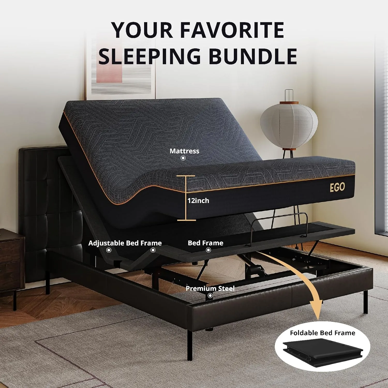 EGOHOME Adjustable Bed Frame Twin XL and 12 inch Gel Cooling Memory Foam Mattress Set, Electric Foldable Metal Bed Base with Wireless Remote, Head and Foot Incline, Zero Gravity Mode, Twin XL Size
