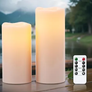 Eldnacele 8" 10" × 4" Large Waterproof Outdoor Flameless Candles Remote and Timer, Battery Operated White Plastic LED Flickering Pillar Candles 2 Pack Dinner Wedding Porch Garden Lanterns Home Decor