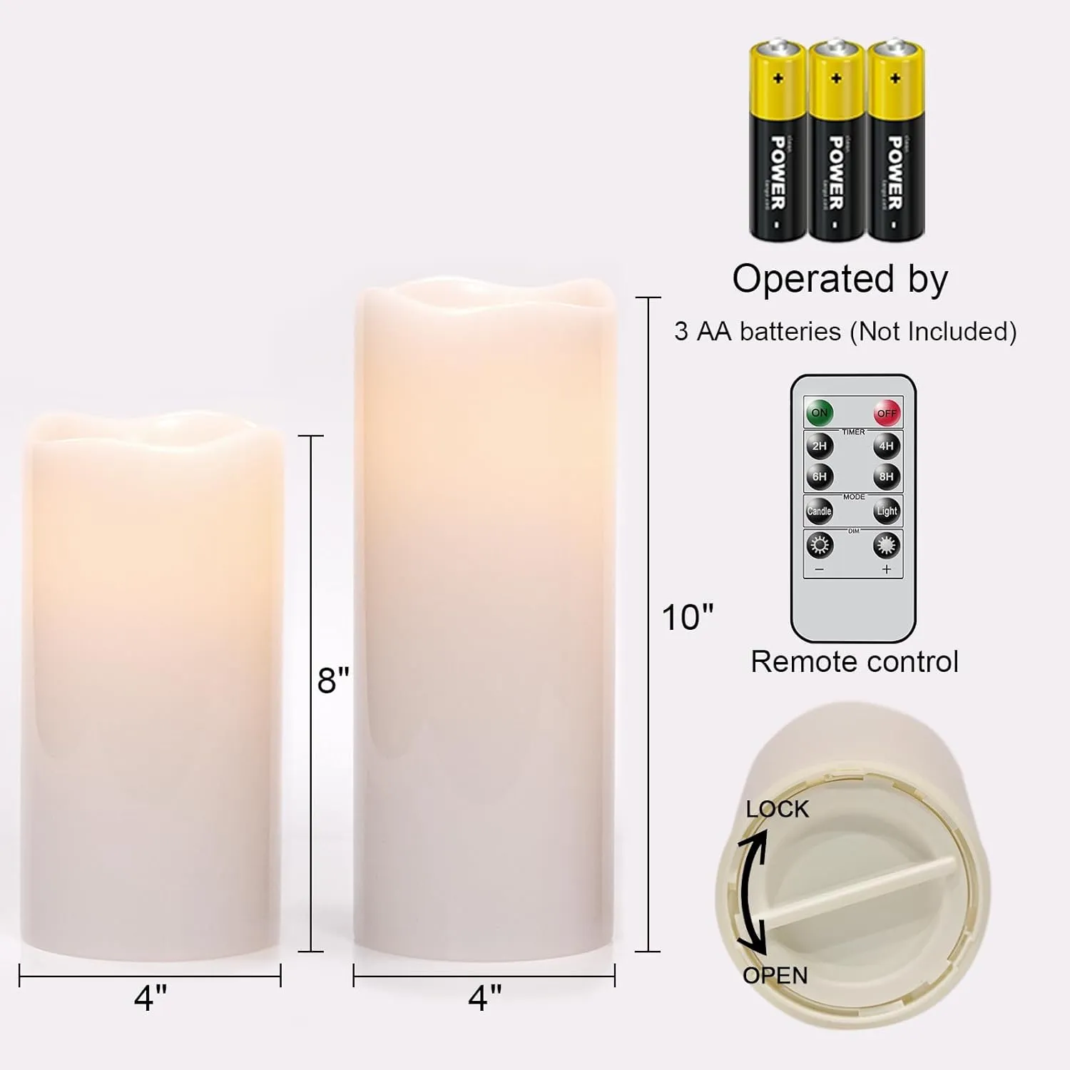 Eldnacele 8" 10" × 4" Large Waterproof Outdoor Flameless Candles Remote and Timer, Battery Operated White Plastic LED Flickering Pillar Candles 2 Pack Dinner Wedding Porch Garden Lanterns Home Decor