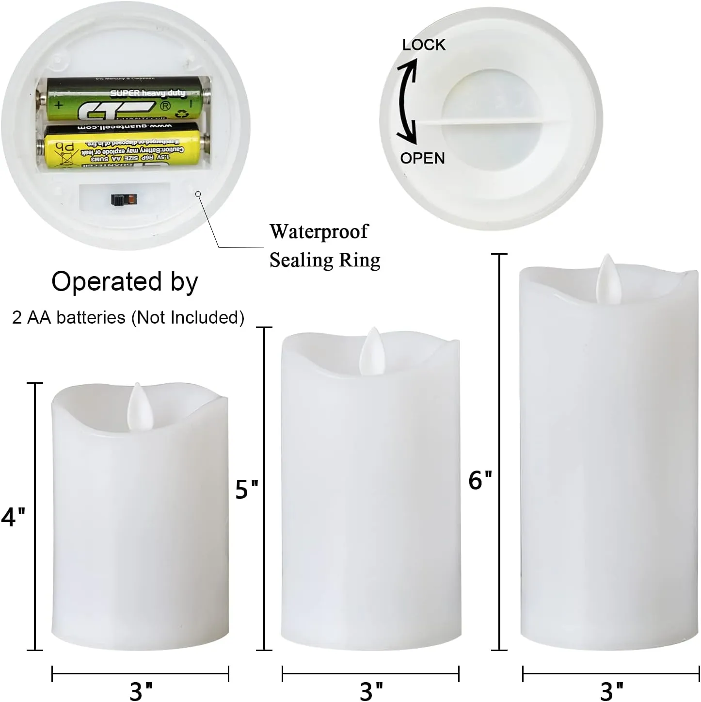 Eldnacele Waterproof Outdoor Flameless Candles with Remote Control, Battery Operated Flickering LED Pillar Candles for Indoor Outdoor Lanterns, Plastic, Moving Flame, Cycling 24 Hours Timer 4”5”6”
