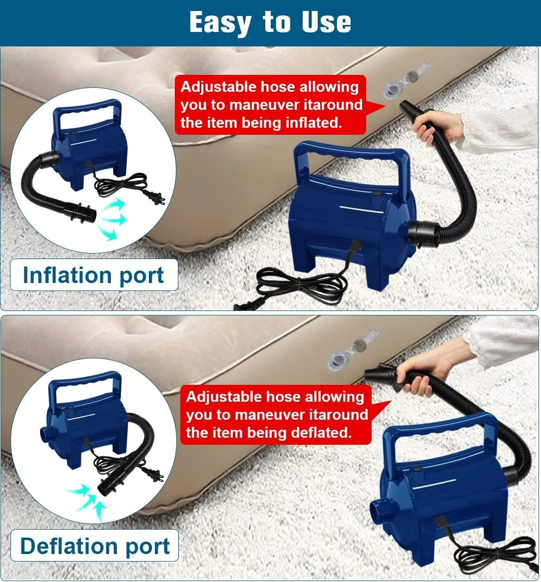 Electric Air Pump Portable 460W Quick-Fill Air Pump Air Flow 45CFM 2.1PSI with Hose 5 Nozzles 120V AC Inflator Deflator Pump for Air Mattress Air Bed Inflatable Cushion Boat Swimming Ring