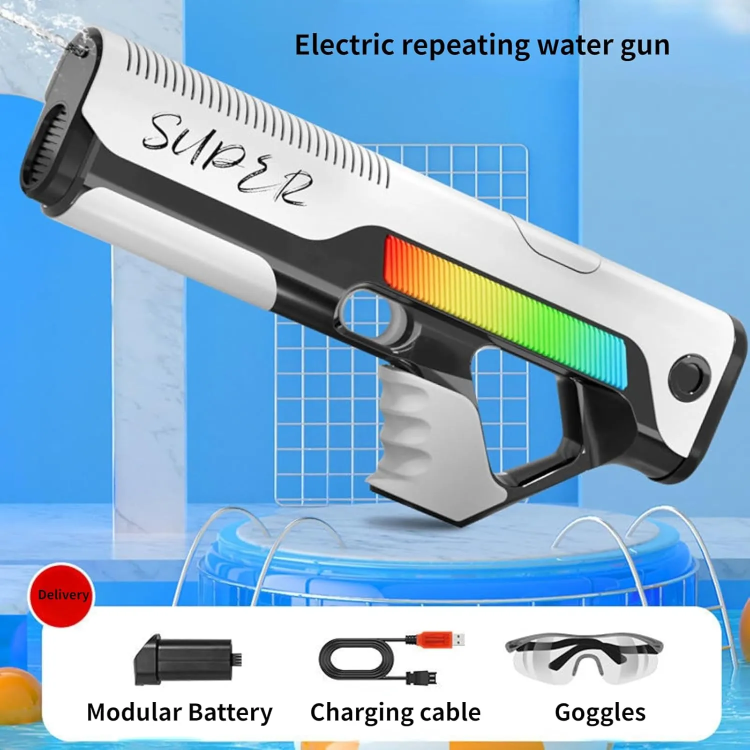 Electric Continuous Water Gun, Super Firepower Long-Range Range, Single Shot Double Shot Dual Mode, New Waterproof Design, Summer Toys for Adults and Children (60A-White)