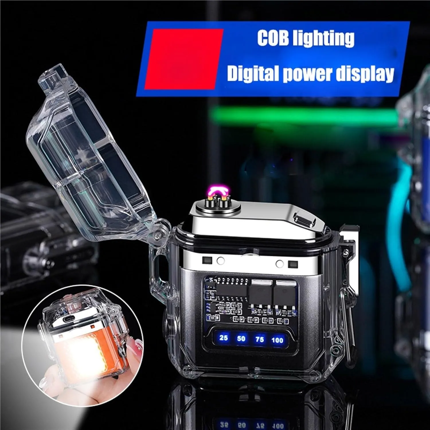 Electric Lighter, Portable Rechargeable Waterproof Transparent Cool Lighter, 3 Flashlight Modes, Windproof and Waterproof Lighter for Camping, Hiking and Outdoor Activities(B)
