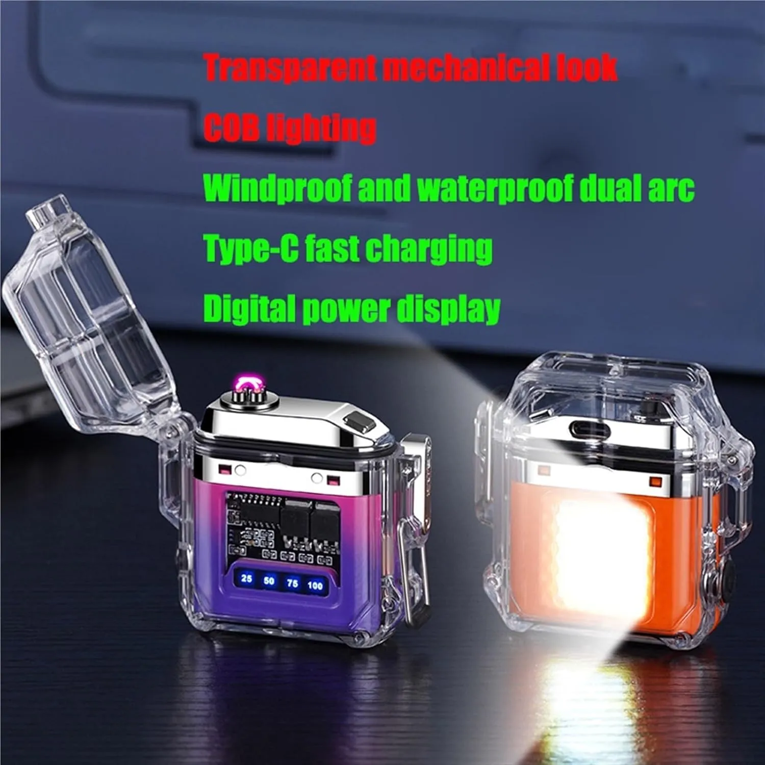 Electric Lighter, Portable Rechargeable Waterproof Transparent Cool Lighter, 3 Flashlight Modes, Windproof and Waterproof Lighter for Camping, Hiking and Outdoor Activities(B)