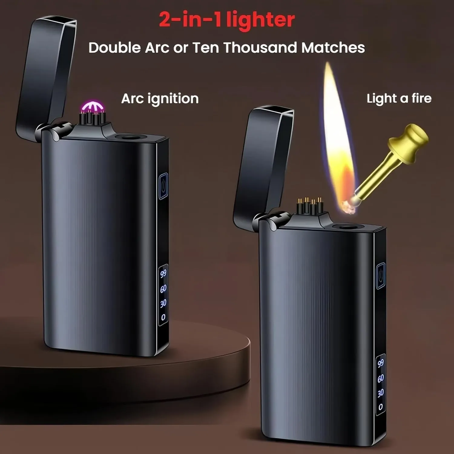 Electric Lighter, USB-C Rechargeable Dual Arc Lighter & Permanent Match 2 in 1 with Flashlight, Kerosene Soft Flame, Outdoor Survival Gear, for Men & Women (Black)
