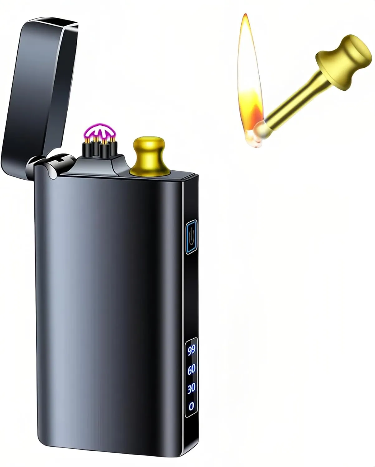 Electric Lighter, USB-C Rechargeable Dual Arc Lighter & Permanent Match 2 in 1 with Flashlight, Kerosene Soft Flame, Outdoor Survival Gear, for Men & Women (Black)