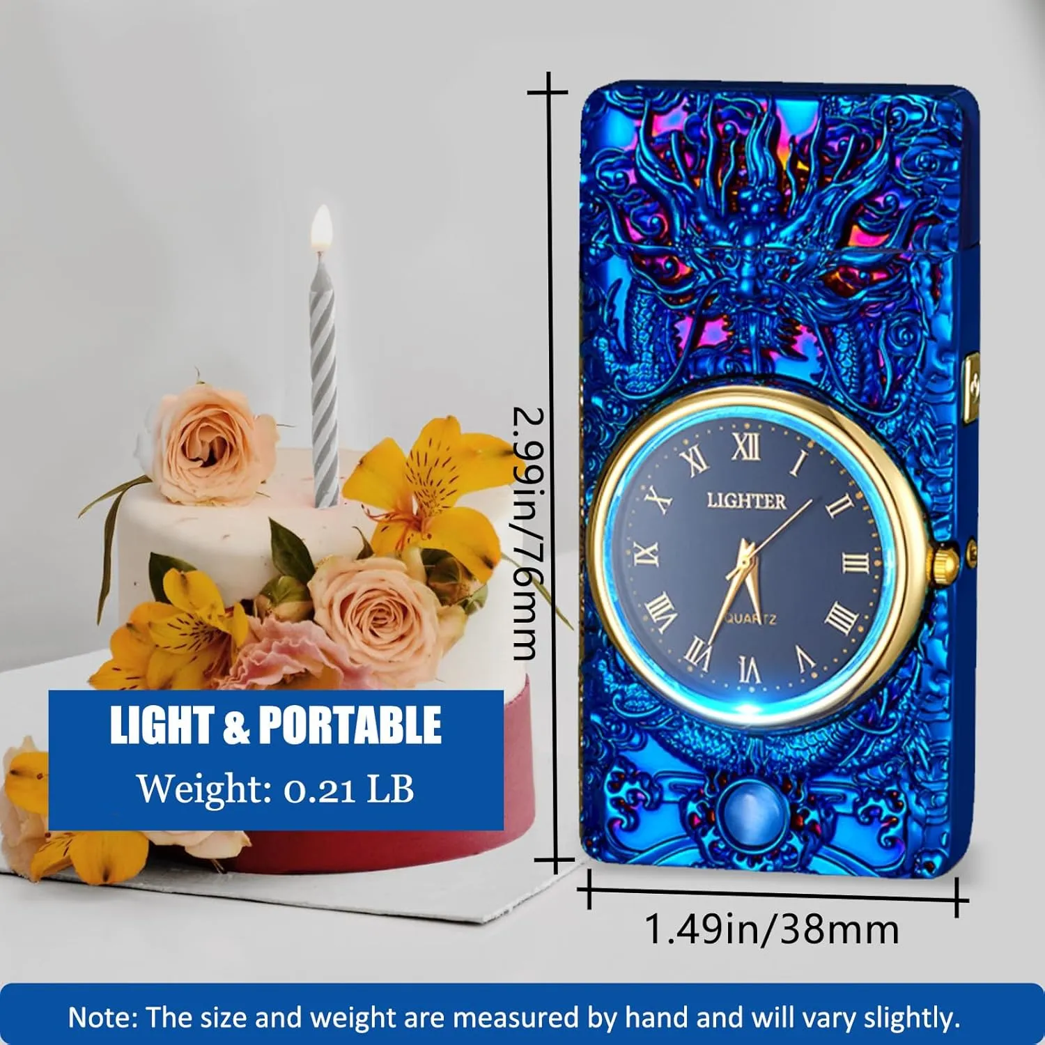 Electric Lighter with Plasma Arc, Windproof USB Rechargeable Lighter with Cool Design, Clock Dial, Flashlight, Power Display for Outdoor Daily Use, Gift for Men Women (Dragon, Blue)