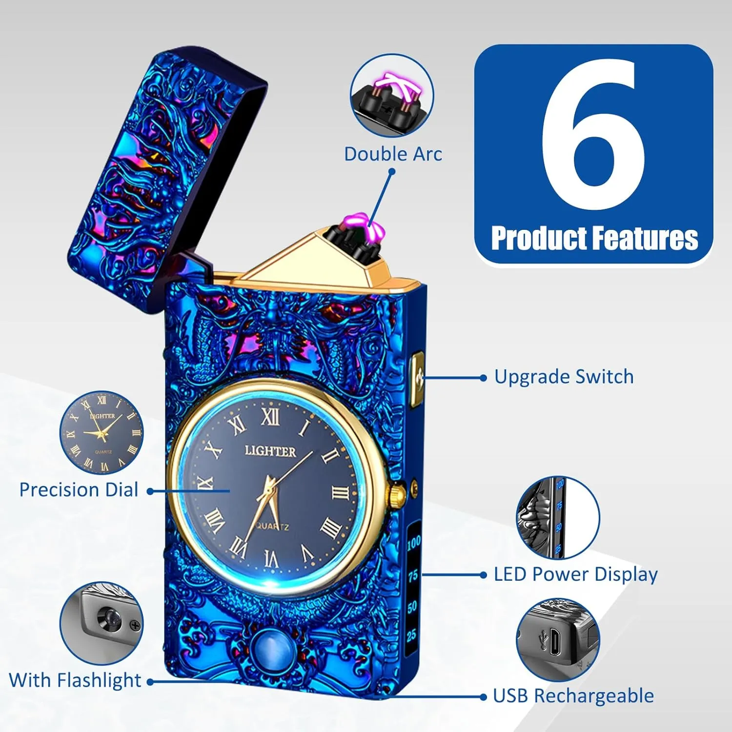 Electric Lighter with Plasma Arc, Windproof USB Rechargeable Lighter with Cool Design, Clock Dial, Flashlight, Power Display for Outdoor Daily Use, Gift for Men Women (Dragon, Blue)