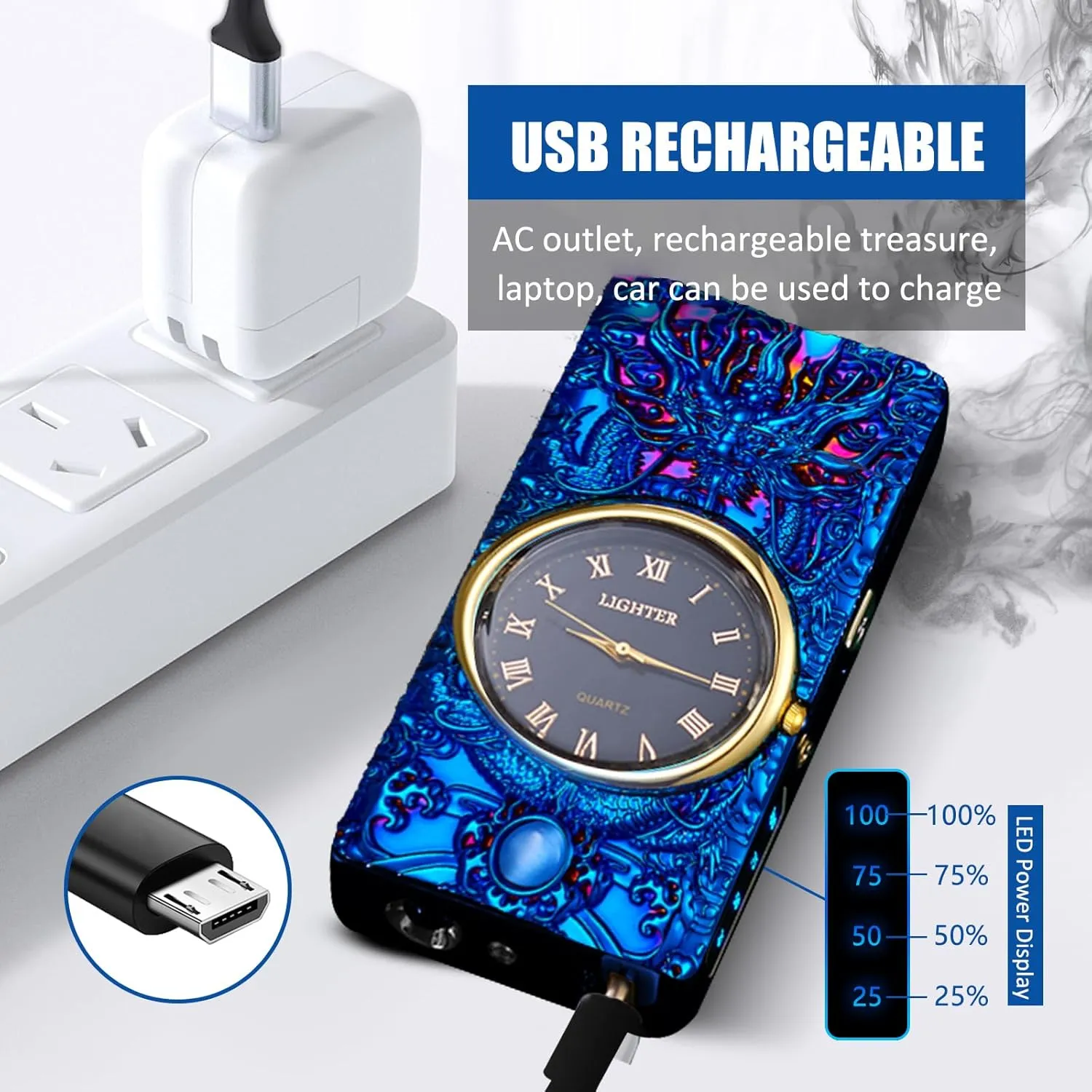 Electric Lighter with Plasma Arc, Windproof USB Rechargeable Lighter with Cool Design, Clock Dial, Flashlight, Power Display for Outdoor Daily Use, Gift for Men Women (Dragon, Blue)