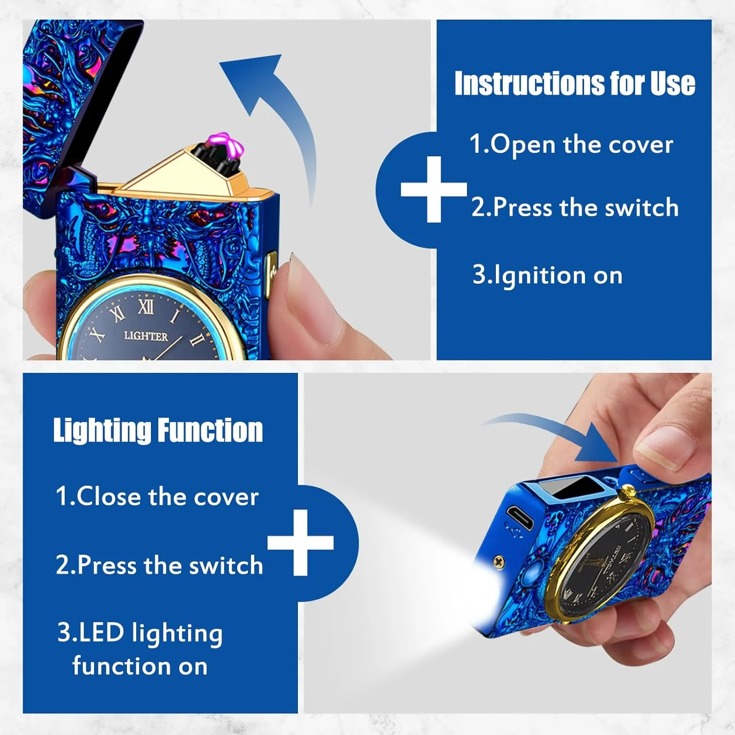 Electric Lighter with Plasma Arc, Windproof USB Rechargeable Lighter with Cool Design, Clock Dial, Flashlight, Power Display for Outdoor Daily Use, Gift for Men Women (Dragon, Blue)