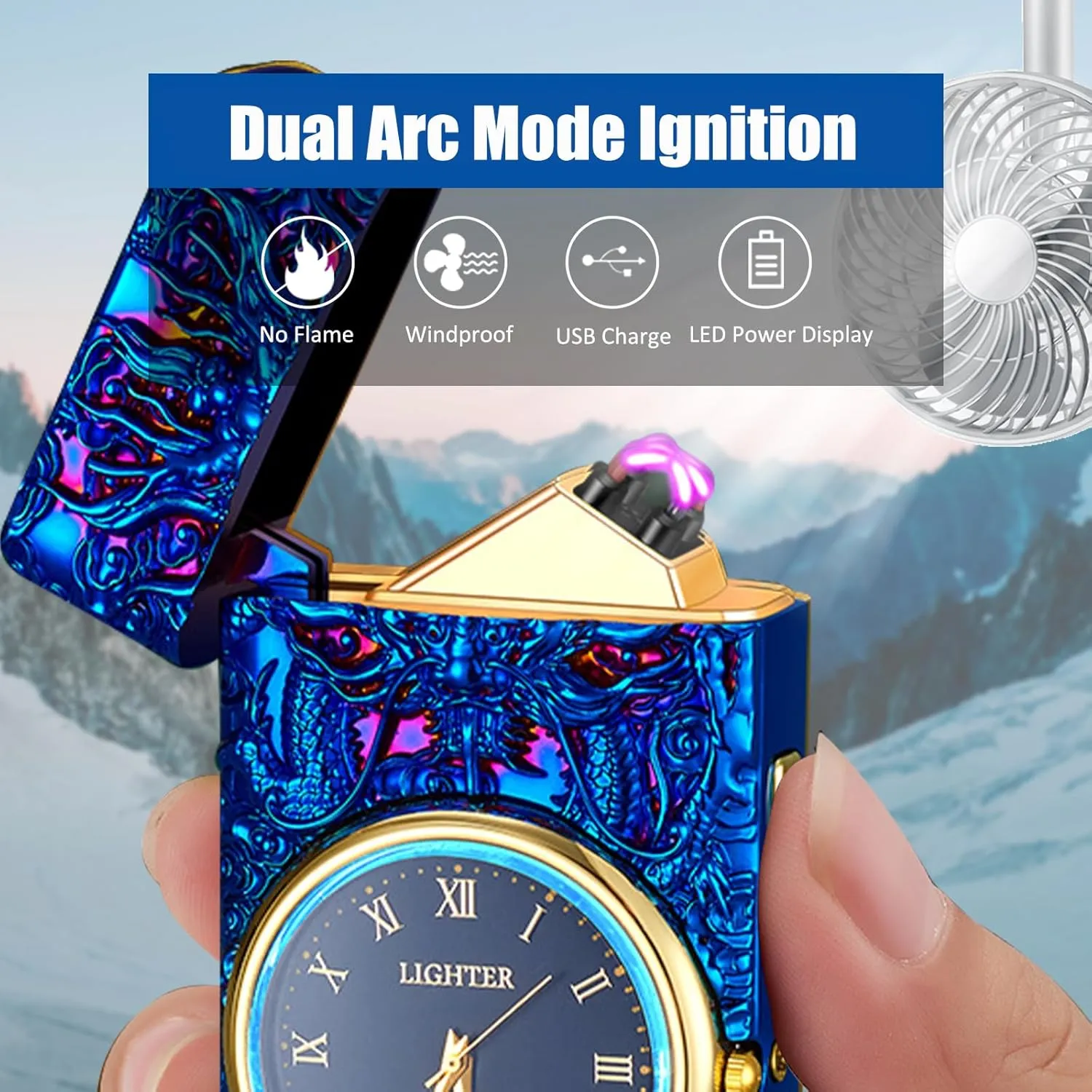 Electric Lighter with Plasma Arc, Windproof USB Rechargeable Lighter with Cool Design, Clock Dial, Flashlight, Power Display for Outdoor Daily Use, Gift for Men Women (Dragon, Blue)